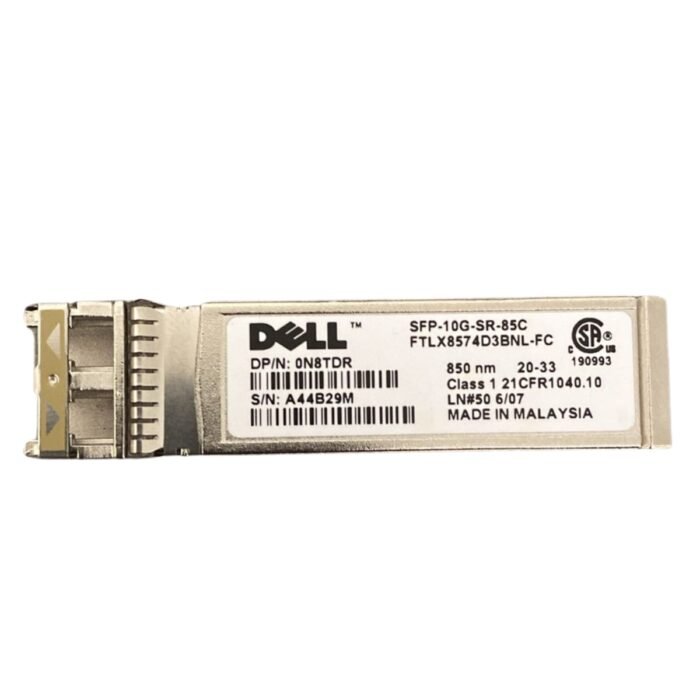 DELL 10GBASE-SR SFP+ Transceiver – 10Gbps optical module with 850nm wavelength, supporting up to 300 meters on OM3 and 400 meters on OM4 multimode fiber.