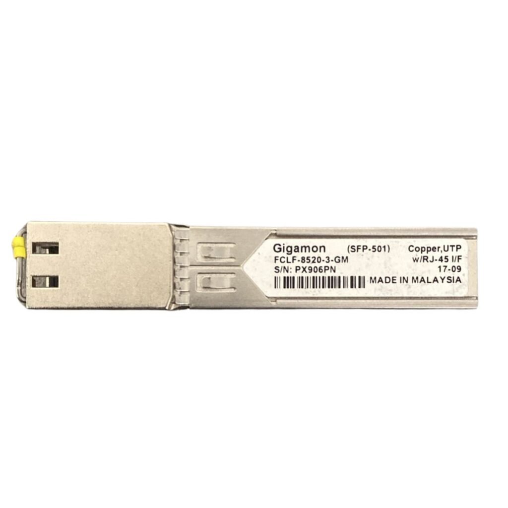 Gigamon 1000BASE-T Copper SFP Transceiver – 1Gbps RJ-45 module supporting up to 100 meters over Cat5e/Cat6 cables.