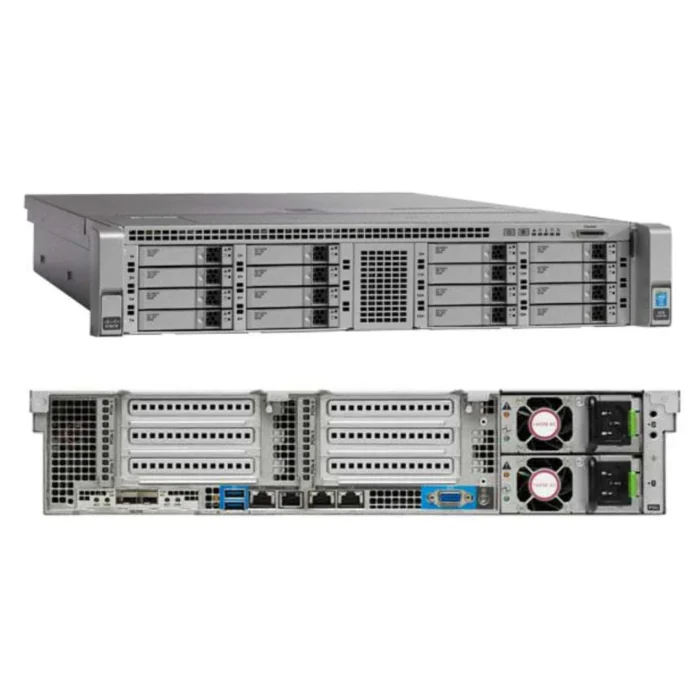 Rear view of Cisco UCS C240 M4 Rack Server showing power supplies, I/O ports, and PCIe expansion slots.
