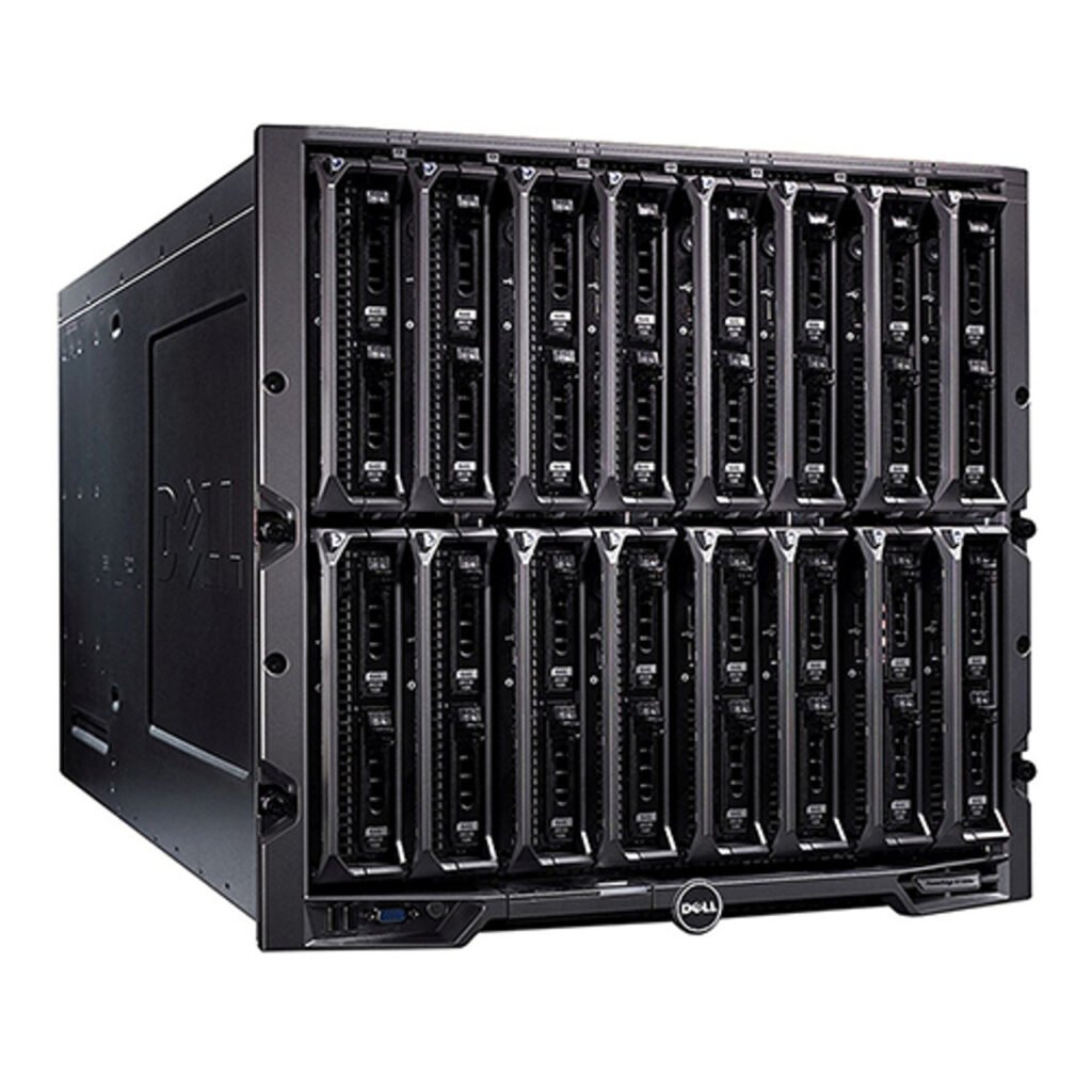 Dell PowerEdge M1000e Blade Chassis with modular blades, built for scalable and energy-efficient enterprise computing in dense data center environments.