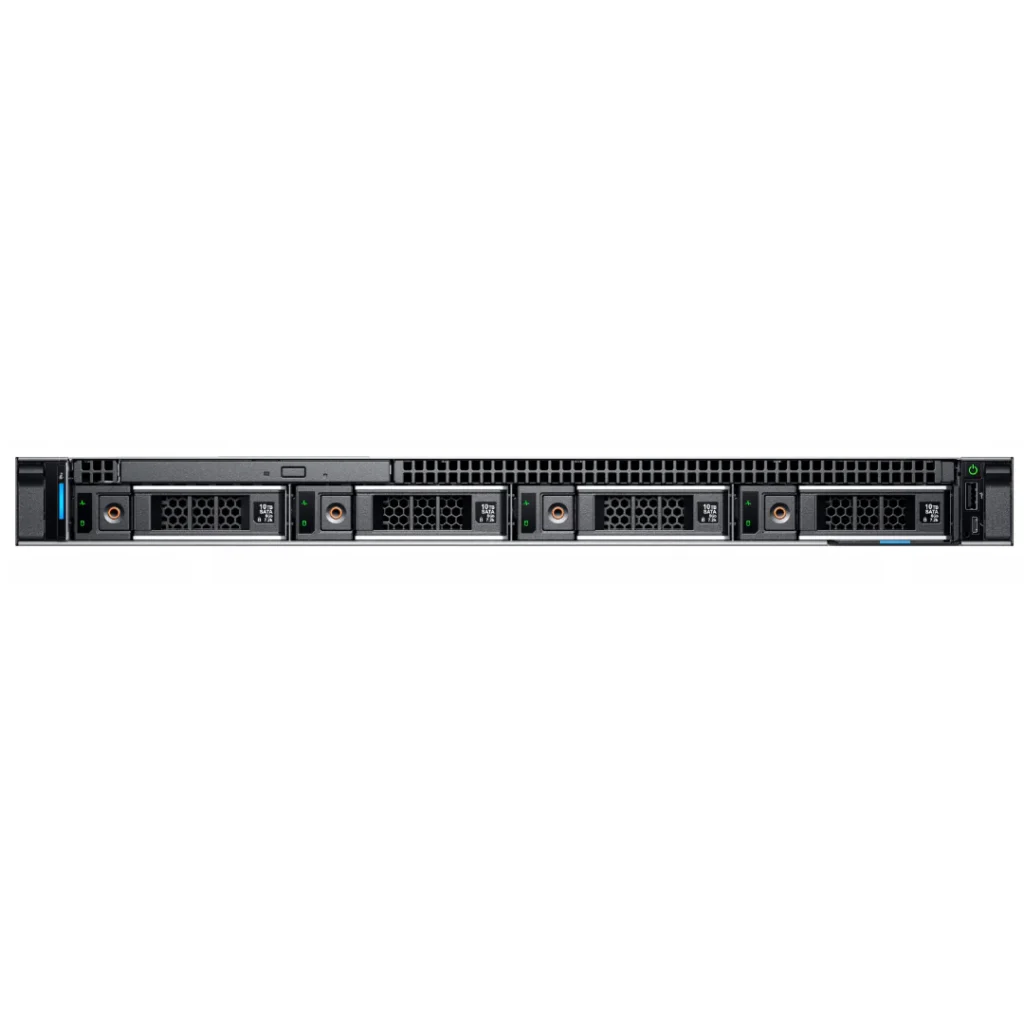 Front view of Dell EMC PowerEdge R240 4x3.5" rack server featuring four 3.5-inch drive bays in a compact 1U chassis for small business IT environments.