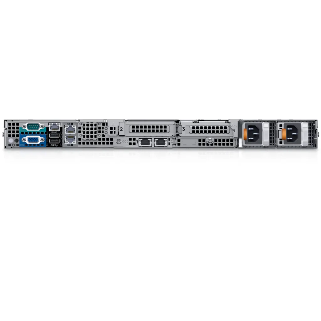 Rear view of Dell EMC PowerEdge R440 showing power supplies, network ports, and PCIe expansion slots.