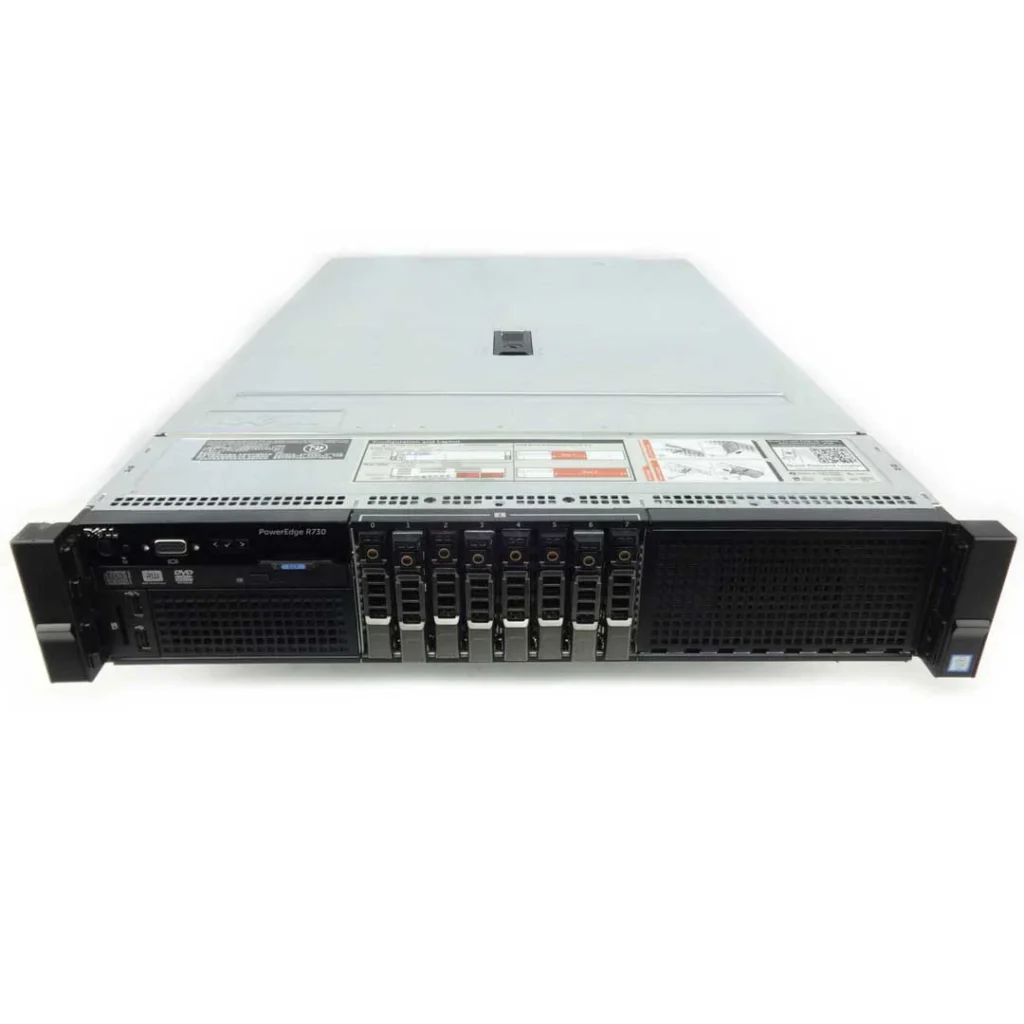 Front view of Dell EMC PowerEdge R730 8x2.5" rack server with hot-swappable drive bays and enterprise-grade design.