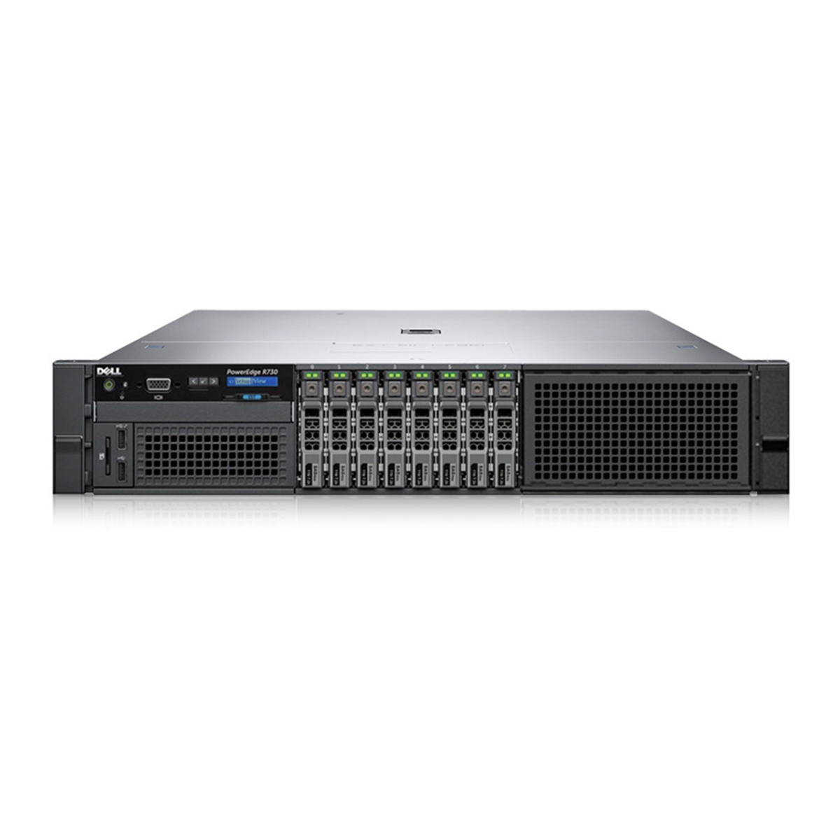 Front view of Dell EMC PowerEdge R730 8x2.5" rack server with hot-swappable drive bays and enterprise-grade design.