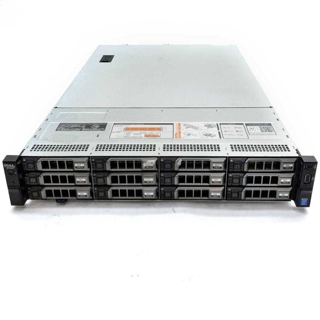Front view of Dell EMC PowerEdge R730XD 12x3.5" rack server with 12 front-facing 3.5-inch drive bays, ideal for high-capacity enterprise storage needs.