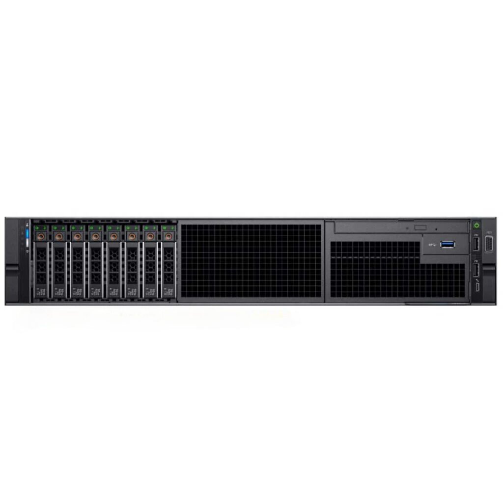 Front view of Dell EMC PowerEdge R740 8x2.5" rack server with 8 small-form-factor drive bays, ideal for virtualization and enterprise applications.