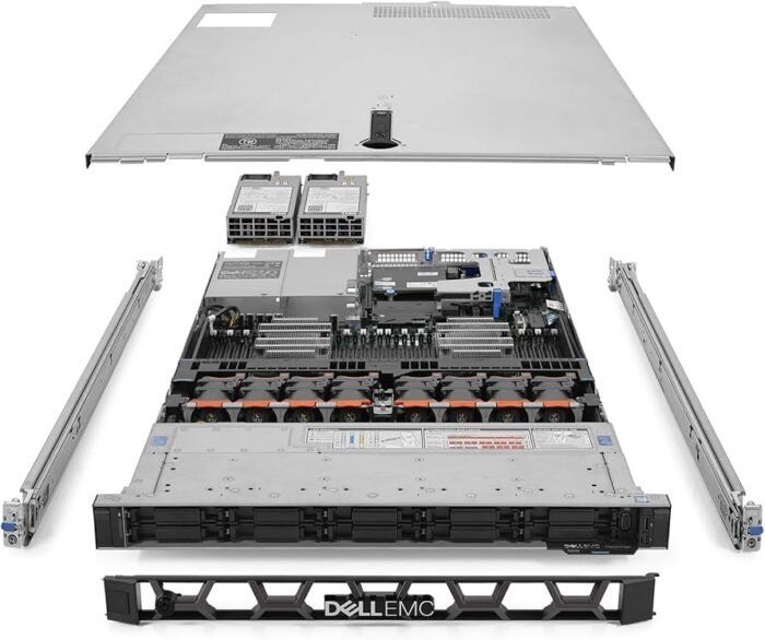 Internal view of Dell EMC VxRail E560 showing CPU sockets, memory slots, and internal components.