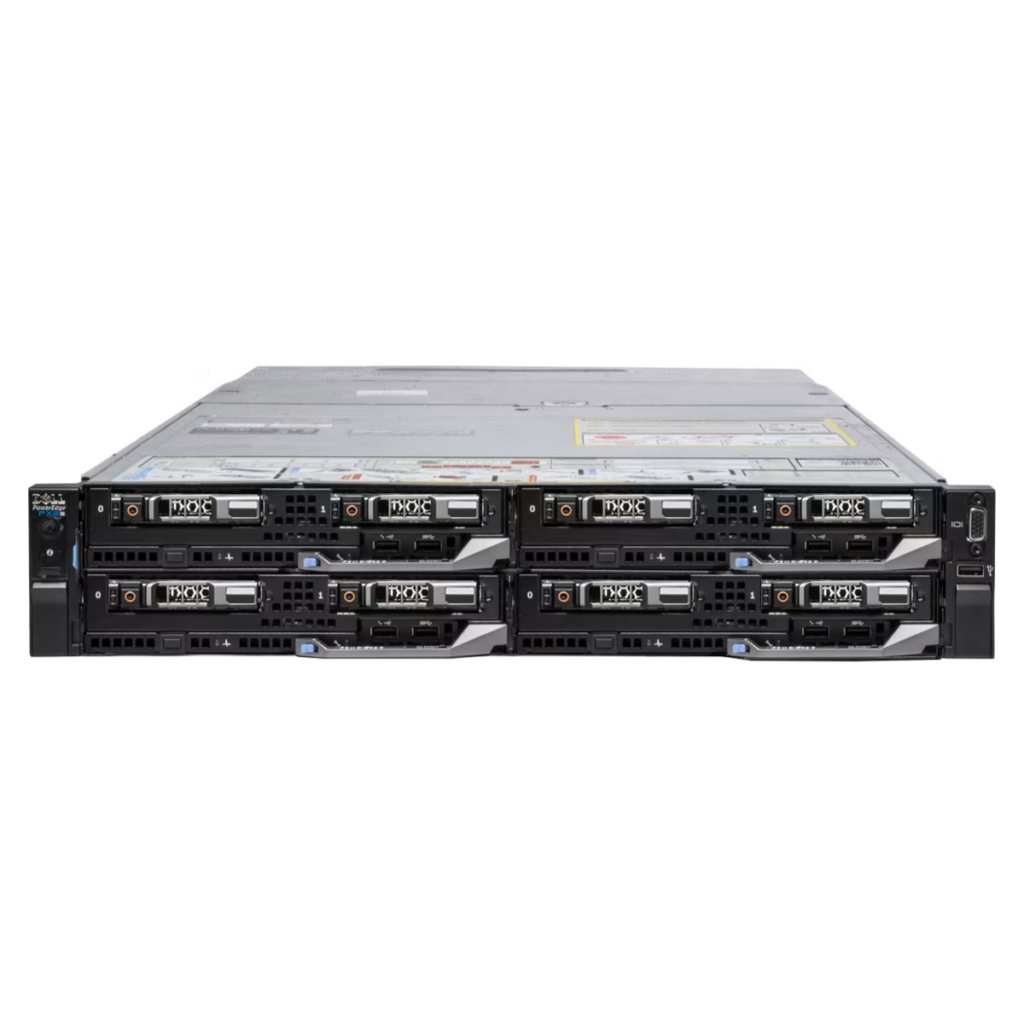 Front view of Dell PowerEdge FX2 Enclosure showcasing modular blade server design with shared power, cooling, and network infrastructure for high-density IT setups.