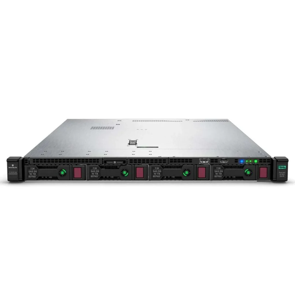 Front view of HPE ProLiant DL360 Gen10 4x3.5″ server showing 4 large form factor drive bays in a 1U rackmount chassis designed for space-efficient performance.