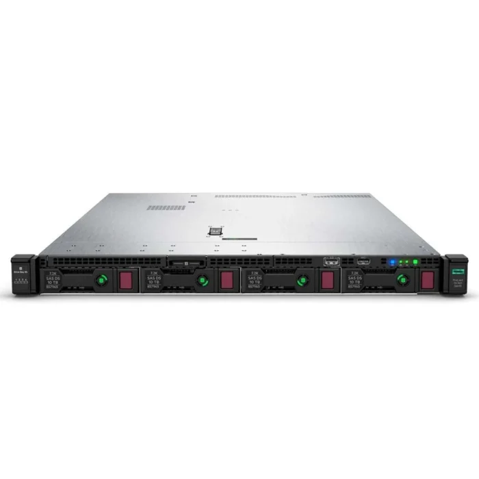 Front view of HPE ProLiant DL360 Gen10 4x3.5″ server showing 4 large form factor drive bays in a 1U rackmount chassis designed for space-efficient performance.