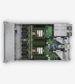 Internal view of HPE ProLiant DL360 Gen10 showing CPUs, memory slots, and drive backplane