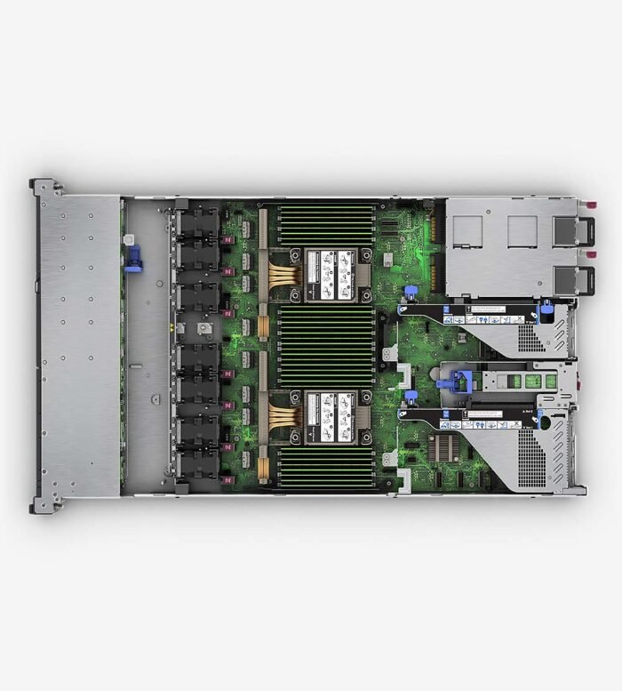 Internal view of HPE ProLiant DL360 Gen10 showing CPUs, memory slots, and drive backplane