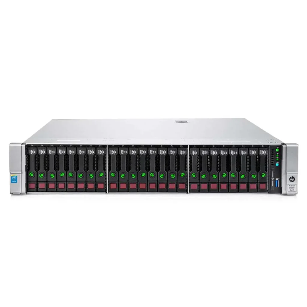 HPE ProLiant DL380 Gen9 24x2.5″ rack server showing front panel with drive bays and LED indicators.
