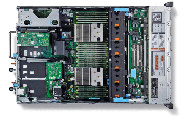 Inside view of Dell EMC PowerEdge R730XD showing CPU sockets, memory slots, and internal layout for 12x3.5" drive configuration