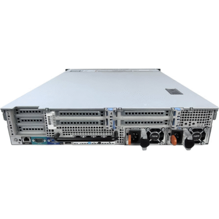 Rear view of Dell EMC PowerEdge R720XD Rack Server showing dual power supplies, I/O ports, and PCIe expansion slots.