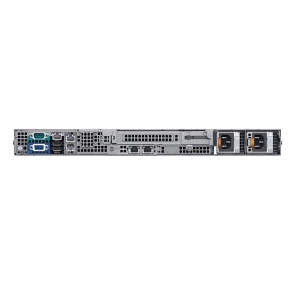 Rear view of Dell EMC PowerEdge R440 showing power supplies, I/O ports, and PCIe expansion slots.