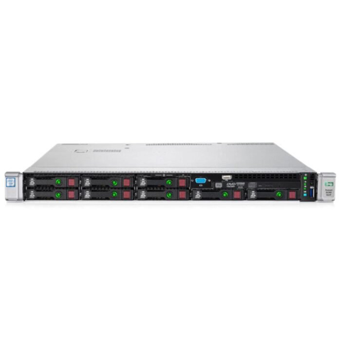 Front view of HPE ProLiant DL360 Gen9 8x2.5" server with 8 small form factor drive bays in a 1U rackmount chassis for enterprise applications.