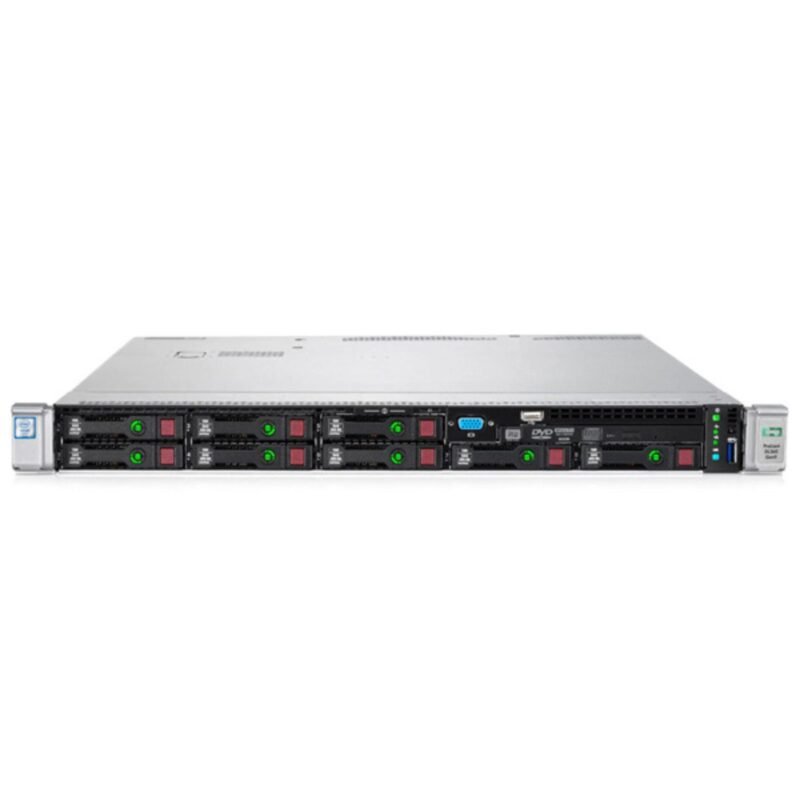 Front view of HPE ProLiant DL360 Gen9 8x2.5" server with 8 small form factor drive bays in a 1U rackmount chassis for enterprise applications.