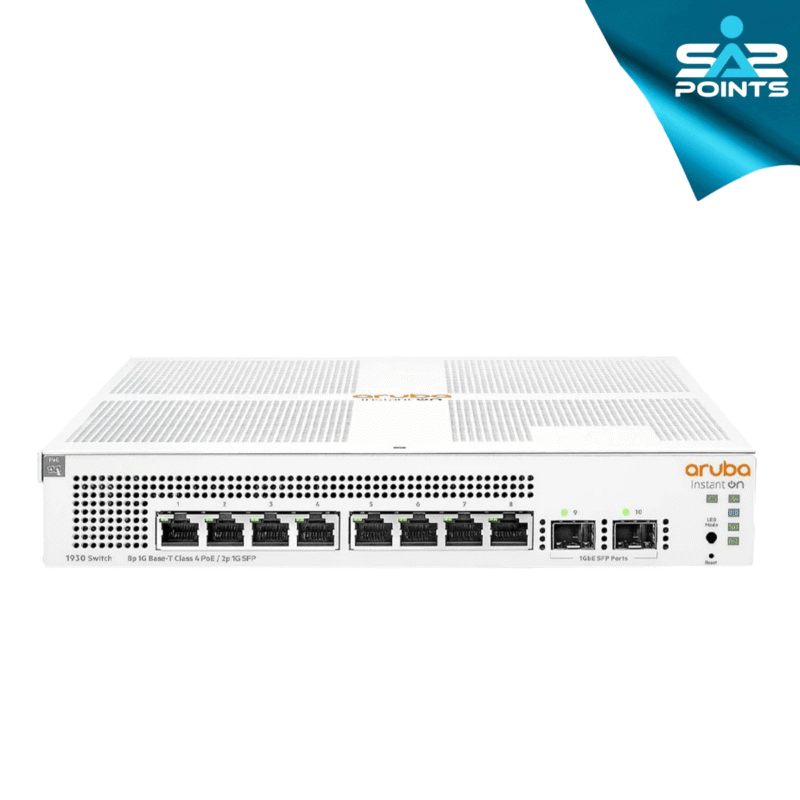 Image of Aruba Instant On 1930 8G Class4 Switch featuring 8 Gigabit PoE ports and cloud-based network management.