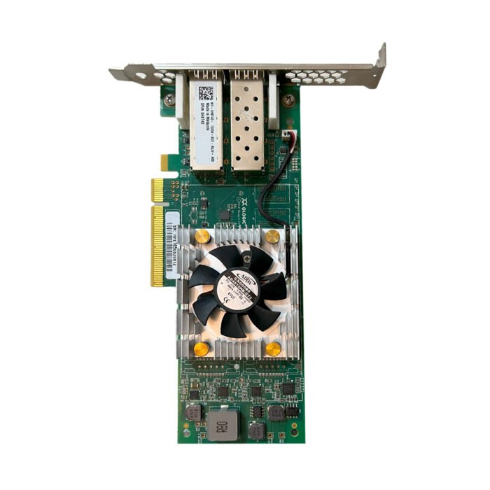 Front view of Dell 0H8T43 QLE2662 Dual-Port 16Gbps network card showing two fiber ports.