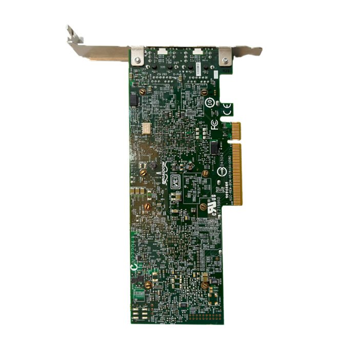 Rear view of Dell 0W1GCR Broadcom Dual Port 10GbE network card showing PCIe connector and internal components.