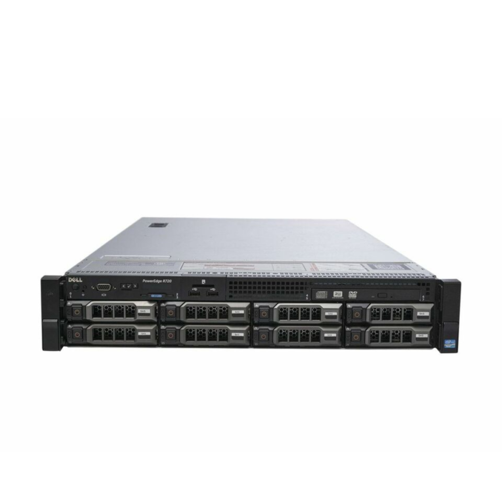 Front view of Dell EMC PowerEdge R720 8x3.5" server showing 8 hot-swappable 3.5-inch drive bays in a durable 2U rackmount chassis.