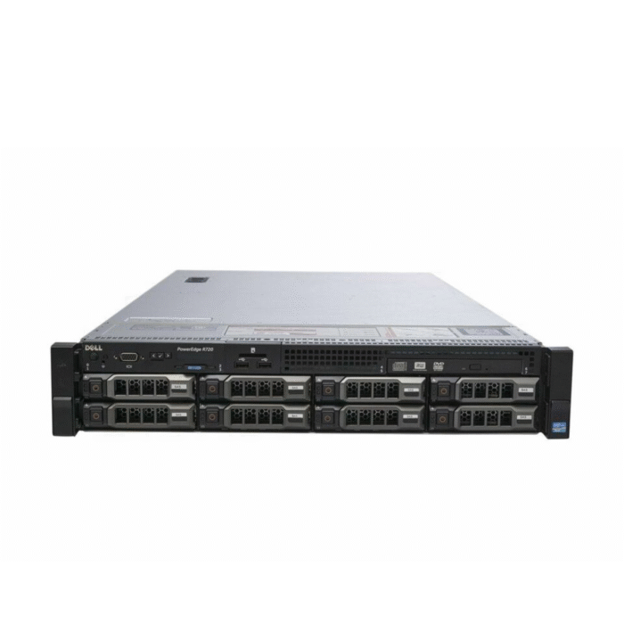 Front view of Dell EMC PowerEdge R720 8x3.5" server showing 8 hot-swappable 3.5-inch drive bays in a durable 2U rackmount chassis.