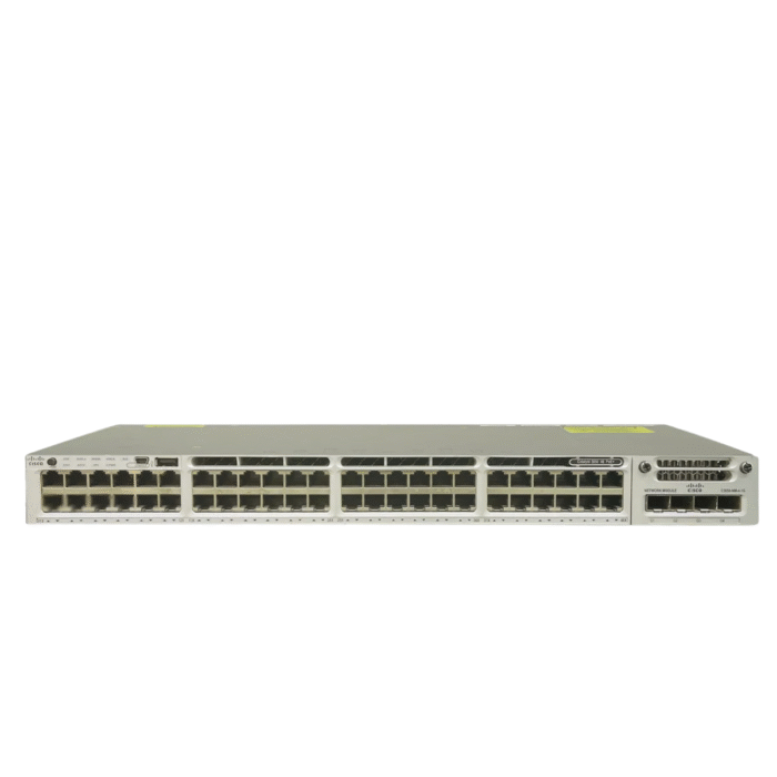 Front view of Cisco WS-C3850-48 switch with 48 Ethernet ports and 4 SFP uplinks
