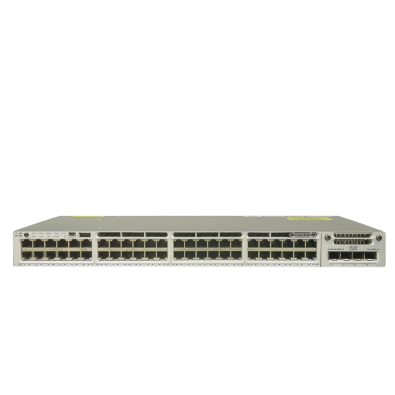 Front view of Cisco WS-C3850-48 switch with 48 Ethernet ports and 4 SFP uplinks