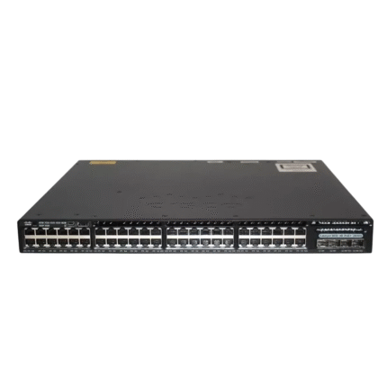 Cisco Catalyst WS-C3650-48P switch showing 48 PoE+ ports and 2x10G SFP+ uplink ports