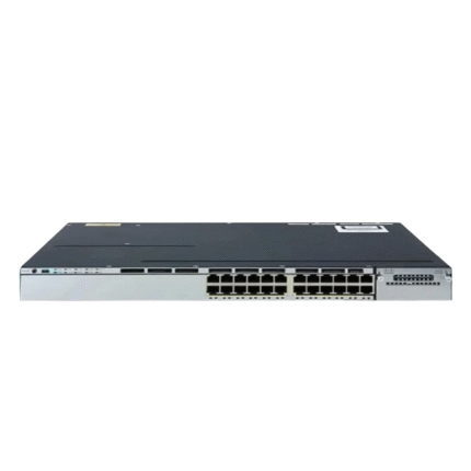 Cisco WS-C3750X-24P switch front view showing 24 PoE+ Gigabit Ethernet ports