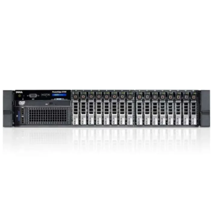 Front view of Dell EMC PowerEdge R720 16x2.5" rack server featuring 16 hot-swappable 2.5-inch drive bays in a compact 2U chassis.