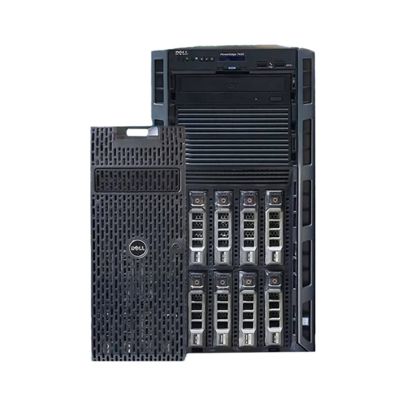 Front view of Dell EMC PowerEdge T430 8x3.5″ tower server with eight 3.5-inch drive bays, designed for performance and expandability in office environments.